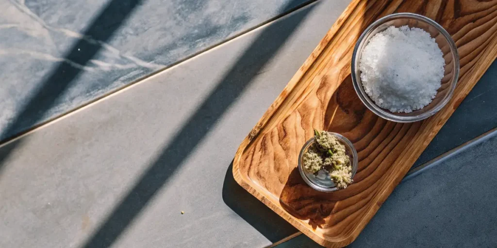 Overhead shot: rustic wooden tray with a small bowl of cannabis and a larger bowl of salt.