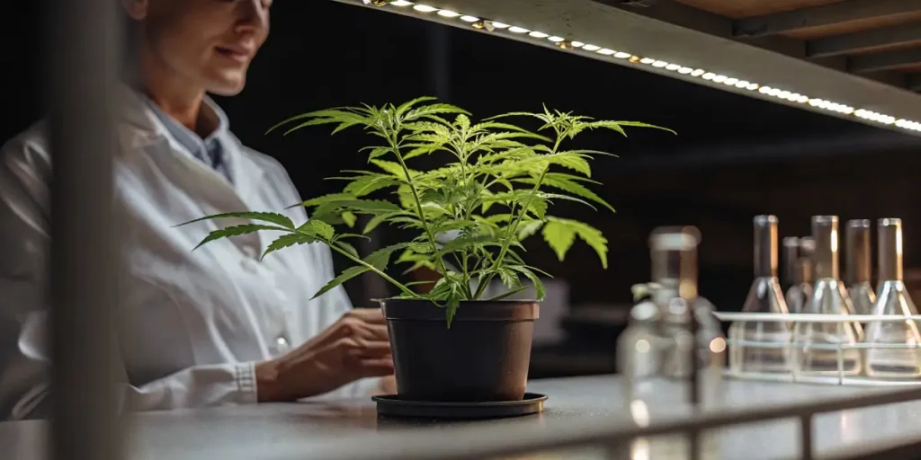 Scientist in lab coat observing a potted cannabis plant under LED grow lights in a laboratory.