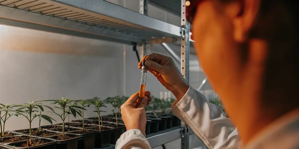 Scientist in lab coat and safety glasses holding a dropper with amber liquid over young cannabis plants on a shelf.