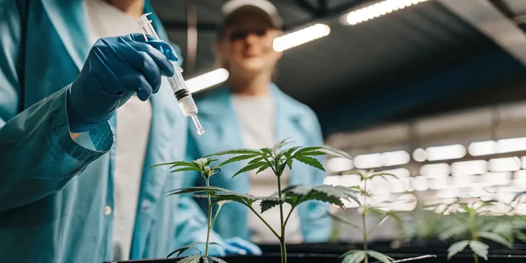 Scientist in blue lab coat and gloves using a syringe to carefully apply liquid to young cannabis plants in a lab.
