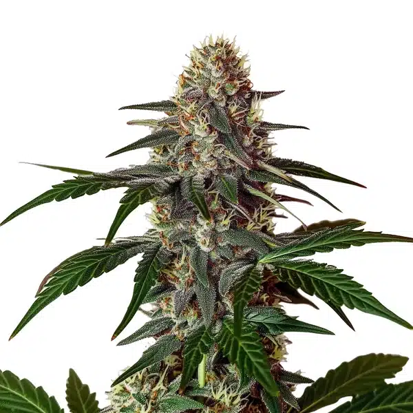 Snow Caps cannabis plant with thick white trichomes and light green buds.