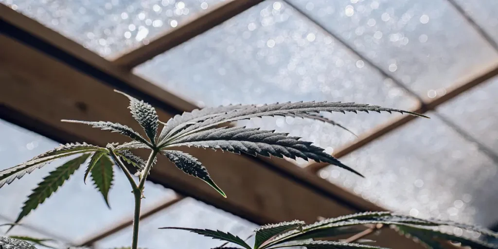 Close-up of a dewy cannabis leaf with sparkling droplets, under a bright, textured greenhouse roof.