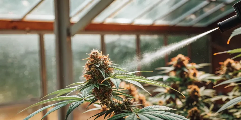Close-up of a cannabis plant with developing buds being misted with a fine spray in a greenhouse.