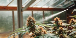 Close-up of a cannabis plant with developing buds being misted with a fine spray in a greenhouse.