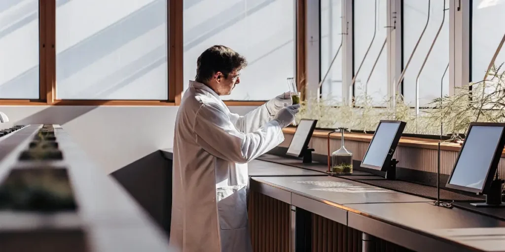 Scientist in white coat analyzing cannabis compound in laboratory with sunlight through windows.