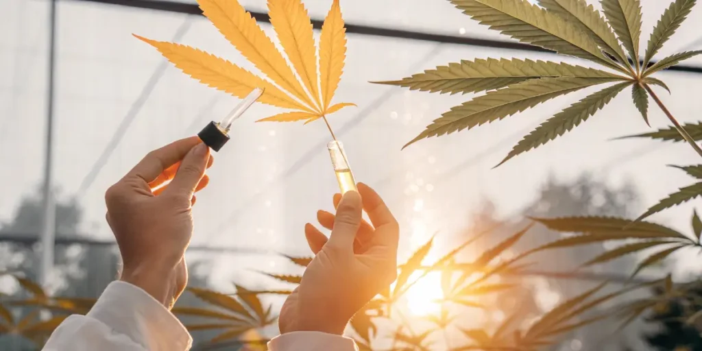 Hands holding cannabis leaf and oil vial during extraction at sunset in greenhouse.