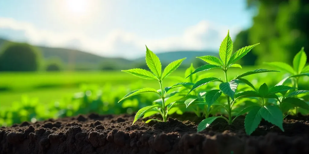 Young CBD Super Silver (1:1) plants sprouting outdoors plants thriving in rich soil under natural sunlight.