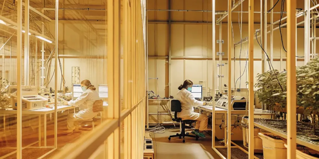 Wide-angle view of a cannabis research lab with scientists working at computers
