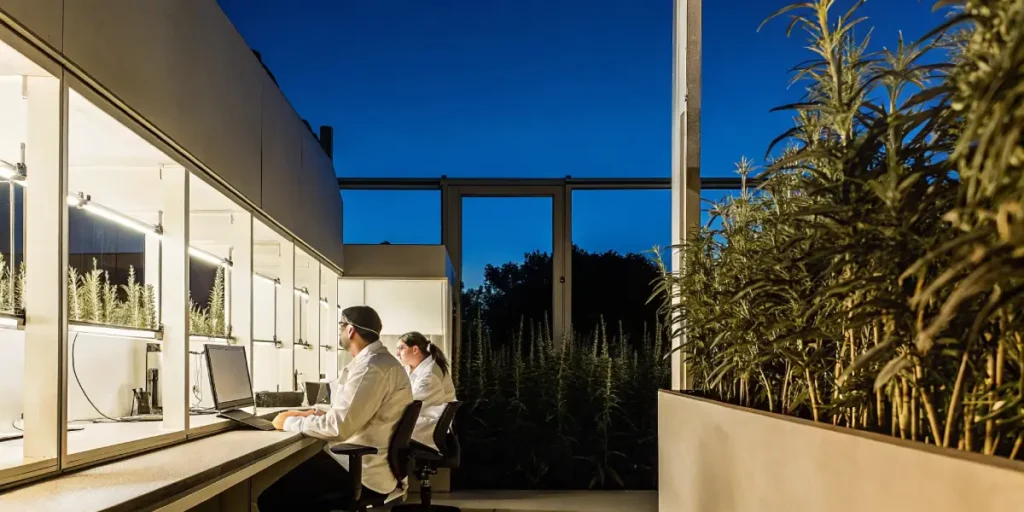 Cannabis lab with scientists working at night next to illuminated plants