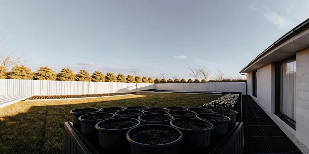 Wide-angle view of backyard garden with empty pots and raised beds in early spring.