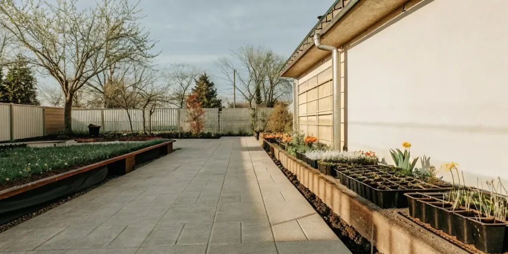 Organized backyard garden with potted flowers and vegetables along a house wall.