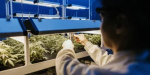 Technician calibrating LED grow lights above cannabis plants in an advanced indoor facility.