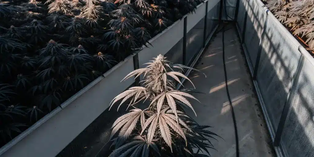 cannabis plant with vibrant backlit leaves in a blue-lit indoor growing environment