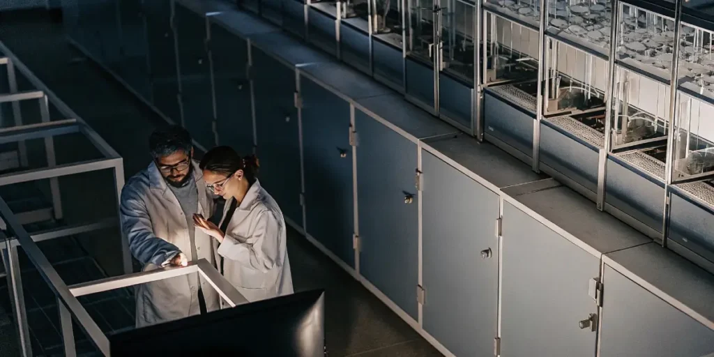 Two researchers in lab coats examining cannabis biotech equipment under lab lighting.
