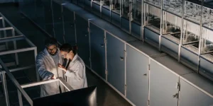 Two researchers in lab coats examining cannabis biotech equipment under lab lighting.
