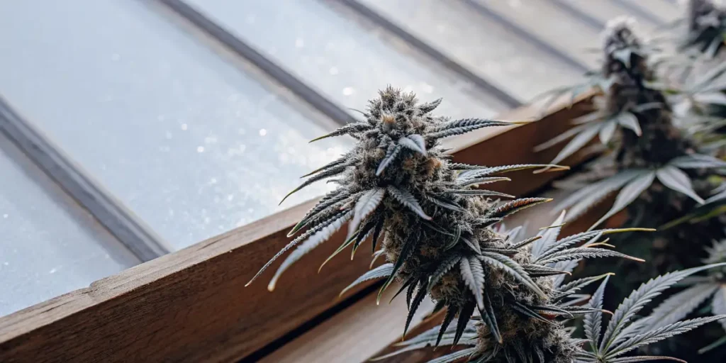 Close-up of a cannabis bud covered in dense trichomes inside a greenhouse.