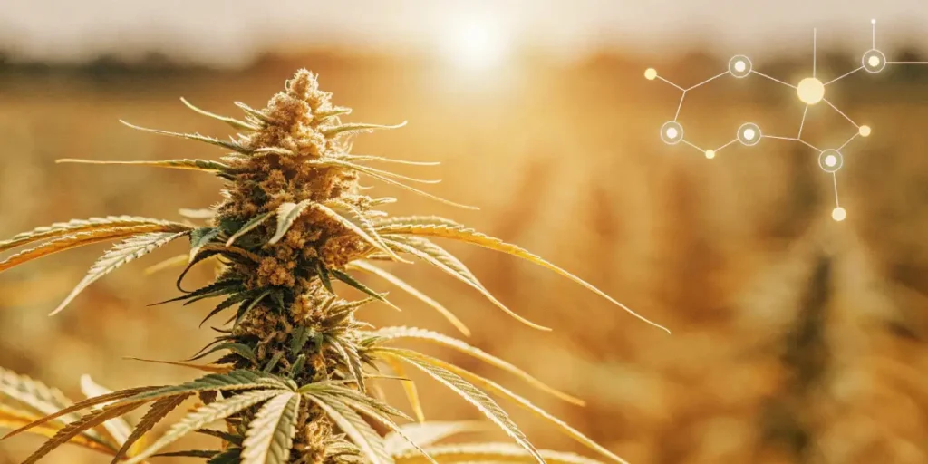 Close-up of a mature cannabis bud glowing in golden sunlight with a THC molecule overlay