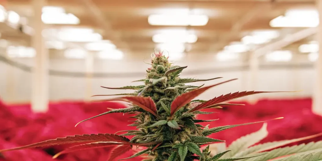 Macro shot of a cannabis bud with red background in a professional indoor grow room
