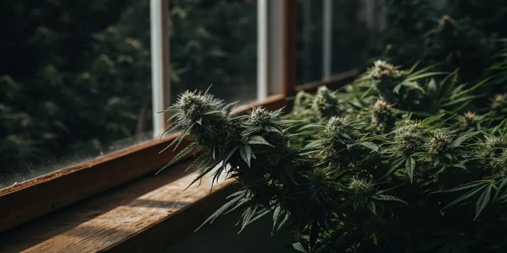 Cannabis buds growing under natural light inside a greenhouse with leafy green foliage.