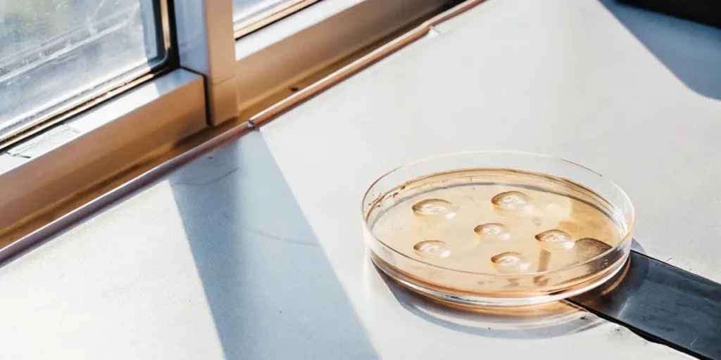 Transparent Petri dish with cannabis cell culture samples under natural sunlight.