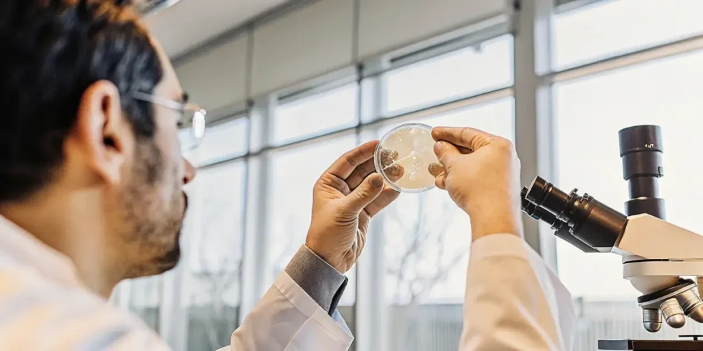 Scientist examining cannabis culture sample in Petri dish under laboratory light.