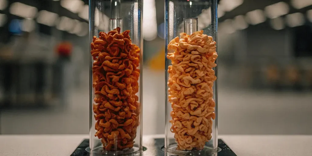 Two glass tubes filled with tightly packed cannabis enzyme cultures in contrasting colors.