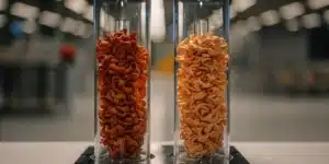 Two glass tubes filled with tightly packed cannabis enzyme cultures in contrasting colors.