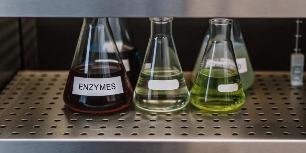 Erlenmeyer flasks with cannabis enzyme solutions on metal lab shelf.