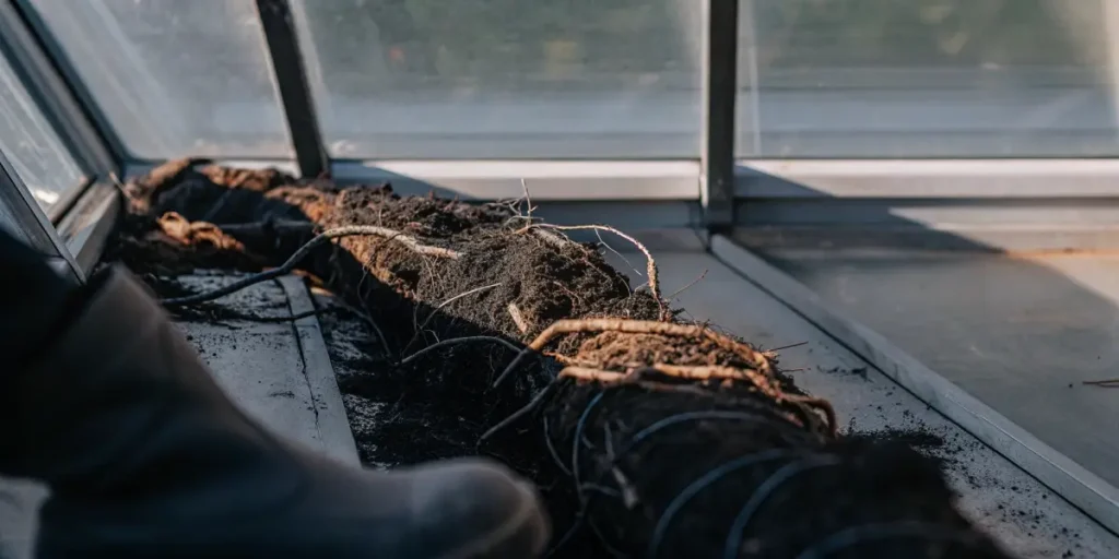 Exposed cannabis root system and soil in a modern greenhouse cultivation setup