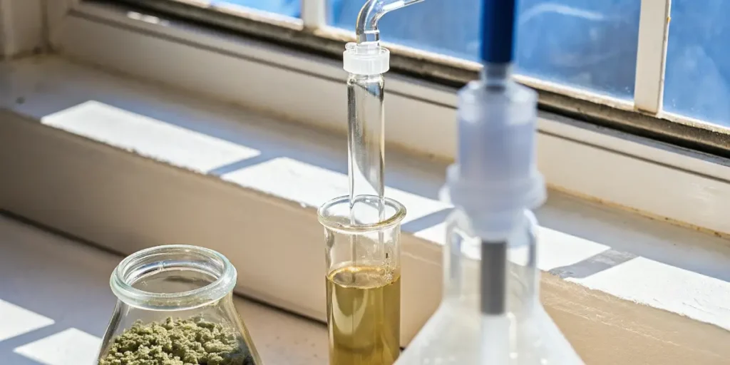 Cannabis extract and buds beside scientific lab glassware