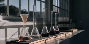 Glassware with cannabis extraction liquids arranged on a lab bench under sunlight.