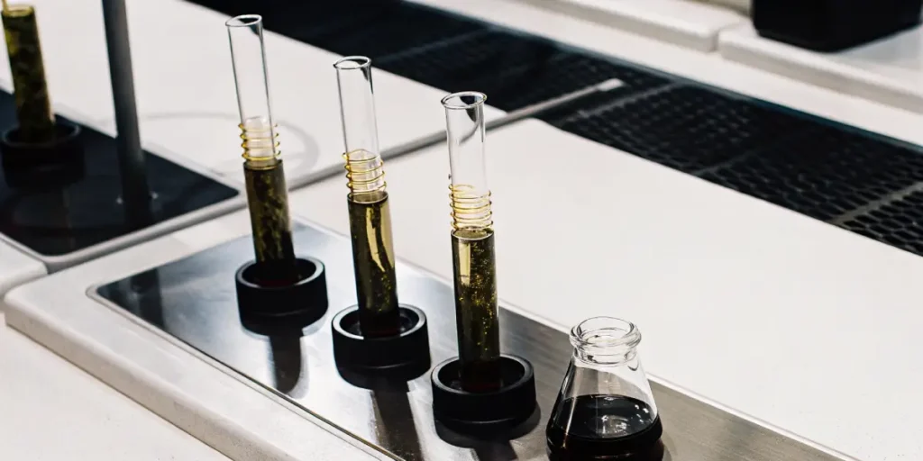 Glass test tubes with cannabis extract on a white lab table, next to a small dark flask.