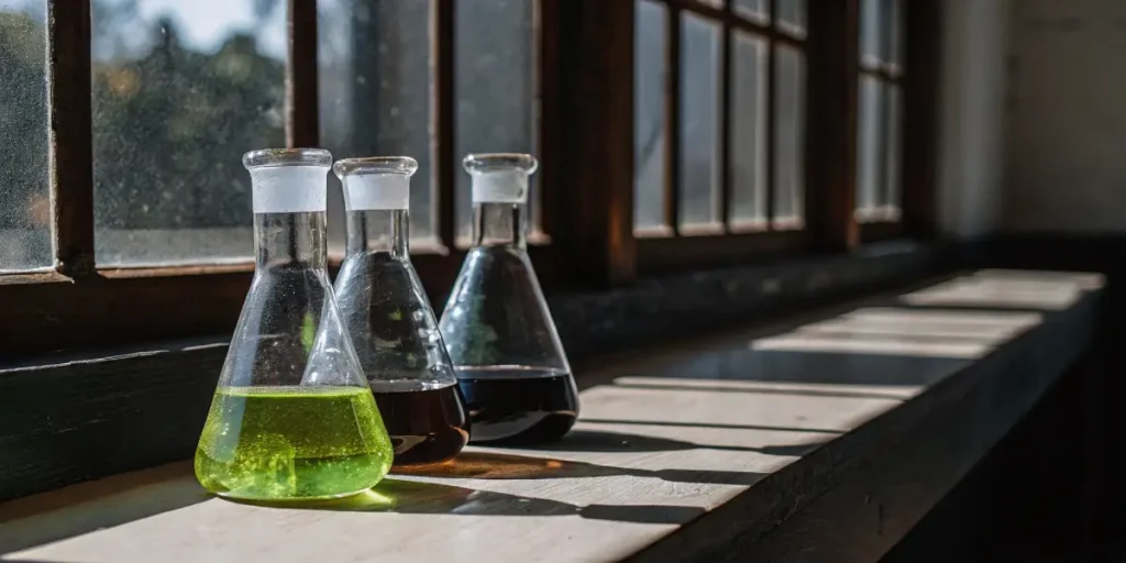 Three Erlenmeyer flasks with cannabis extraction solutions on a sunlit windowsill.