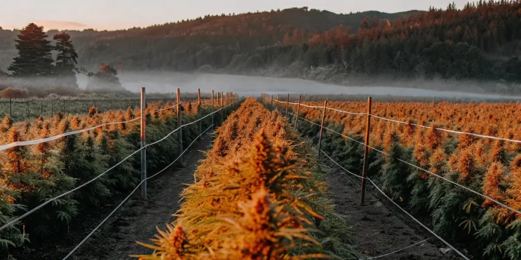 Cannabis field at sunset with rows of orange-hued buds and misty forest background.