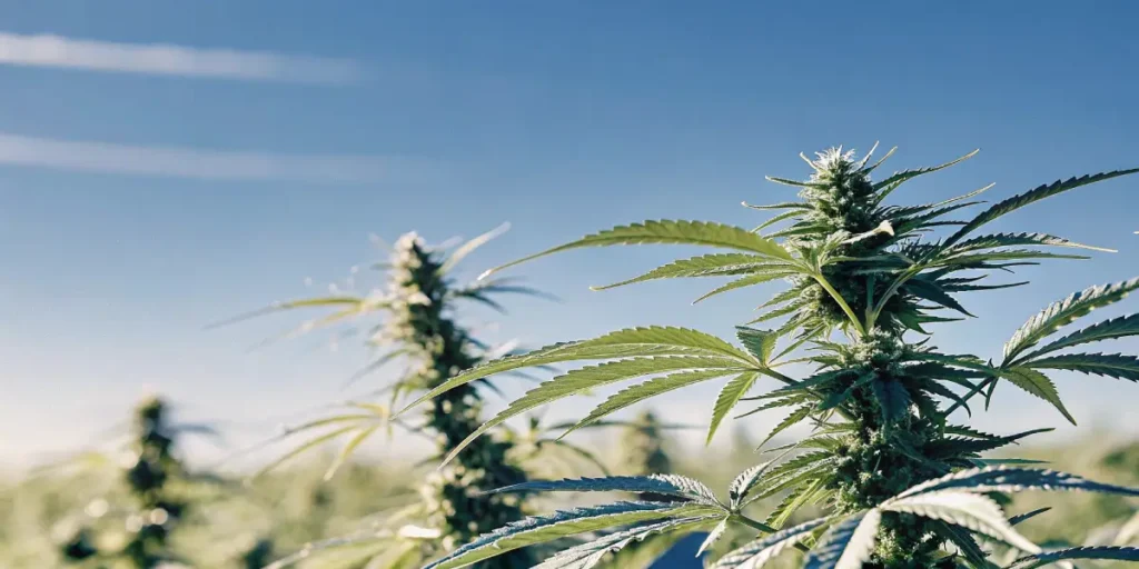 Close-up of a healthy cannabis plant with lush green leaves under a clear blue sky.