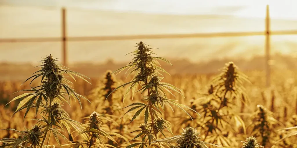 Outdoor cannabis field glowing in golden sunlight at dusk