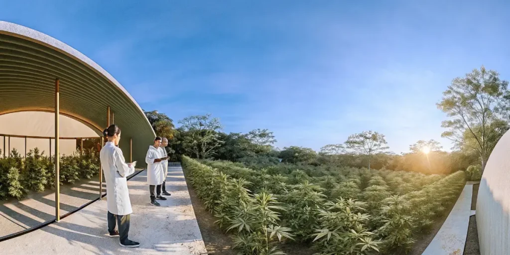 Scientists in lab coats inspecting a cannabis field next to a greenhouse at sunrise.