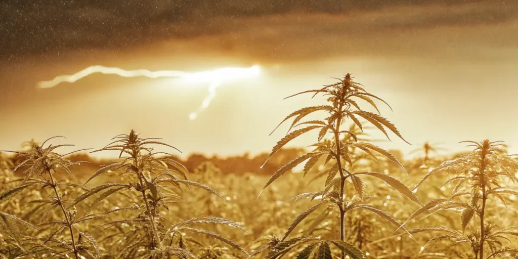 Cannabis field under lightning storm at golden hour.