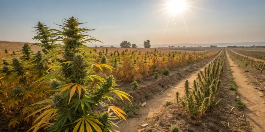 cannabis field under intense sunlight showing plants with yellowing leaves