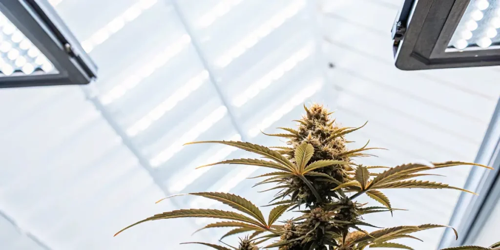 cannabis plant in full bloom under LED lights in an indoor grow room