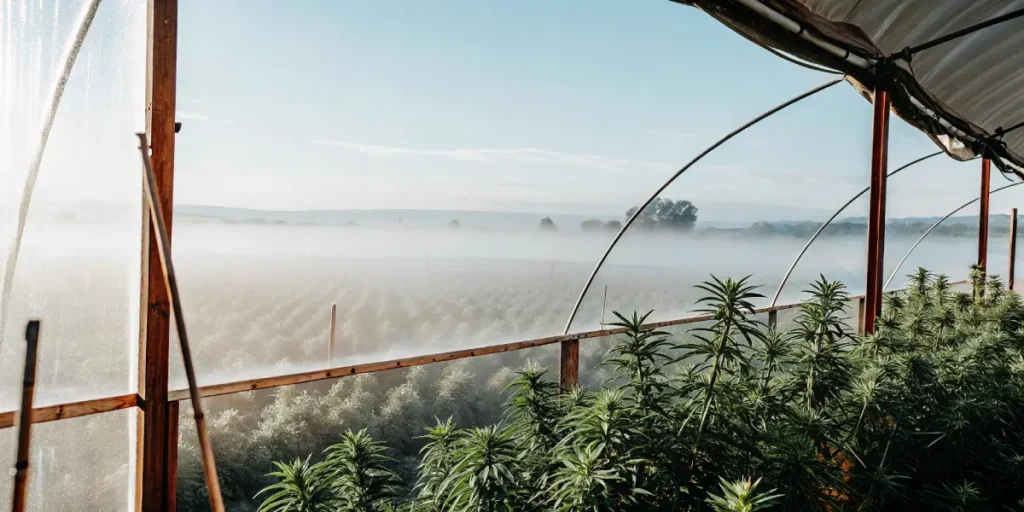 wide-angle shot of a cannabis greenhouse at dawn with morning mist over the fields