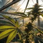 Close-up of a cannabis plant in a greenhouse with sunlight backlighting the leaves.