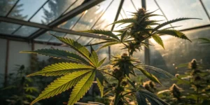Close-up of a cannabis plant in a greenhouse with sunlight backlighting the leaves.