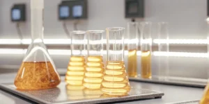 Scientist inspecting tall cannabis plants in a bright modern greenhouse.