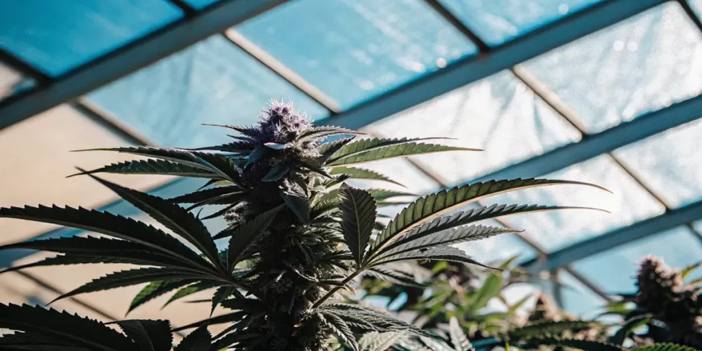 Cannabis plant with purple-tinted buds growing indoors under a glasshouse skylight.