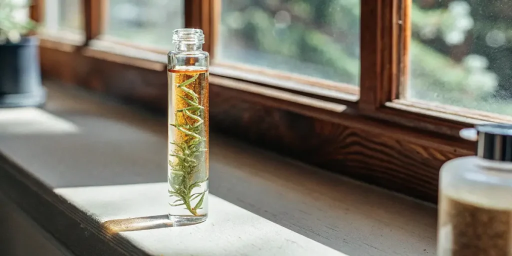 Cannabis-infused vial with herbs and oil placed on a sunlit windowsill.