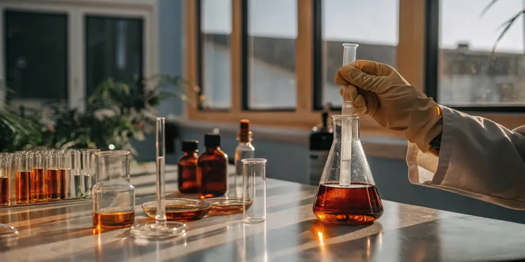 Gloved hand handling a flask with amber cannabis liquid in a laboratory setting.