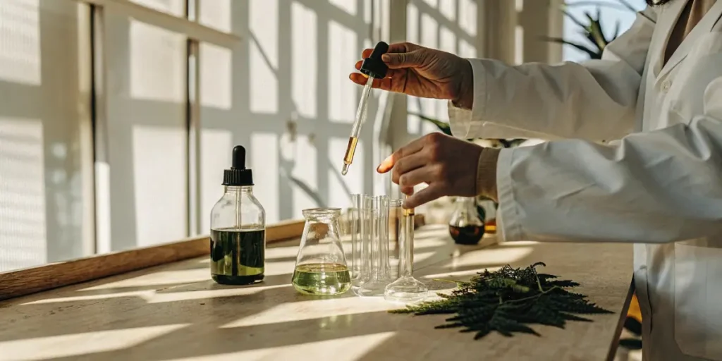 Dropper releasing cannabis extract into glass labware near green leaves.