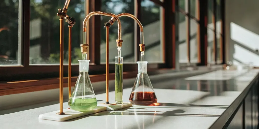 Laboratory glassware filled with green and red cannabis extracts in a sunlit cannabis research facility.