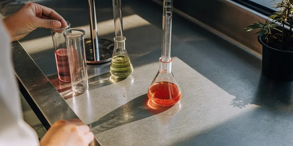 Laboratory glassware with colorful cannabis solutions on a metal table under sunlight.
